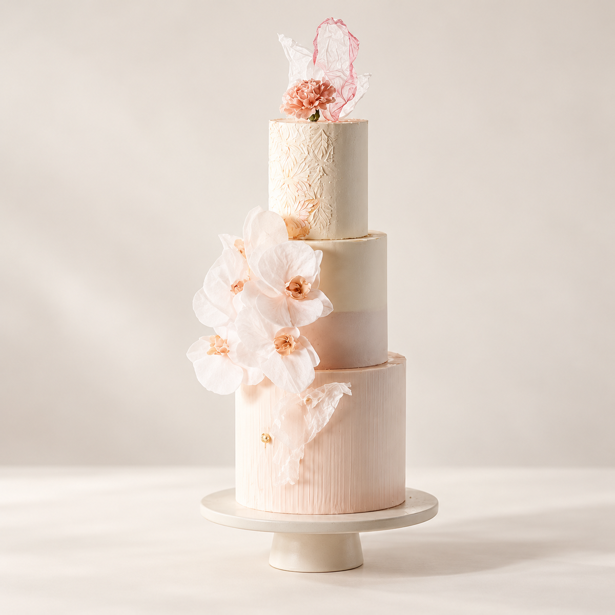 Modern three tier wedding cake, studio product photograph