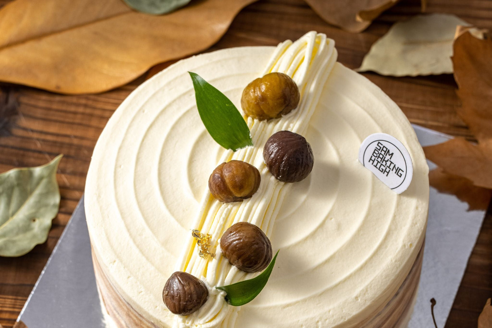 Chestnut chiffon cake decorated with whole chestnuts