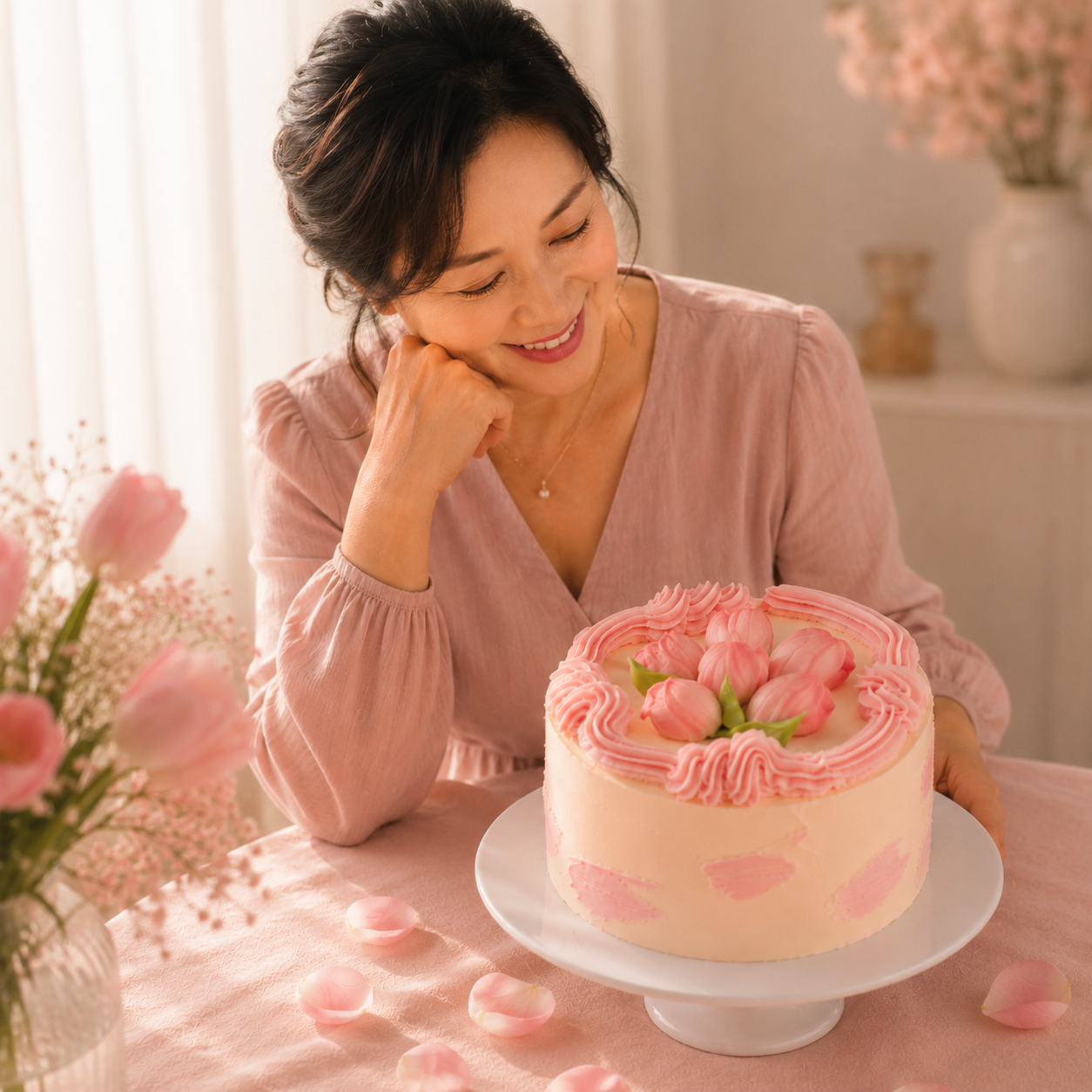 Pink tulip celebration cake on a pink background