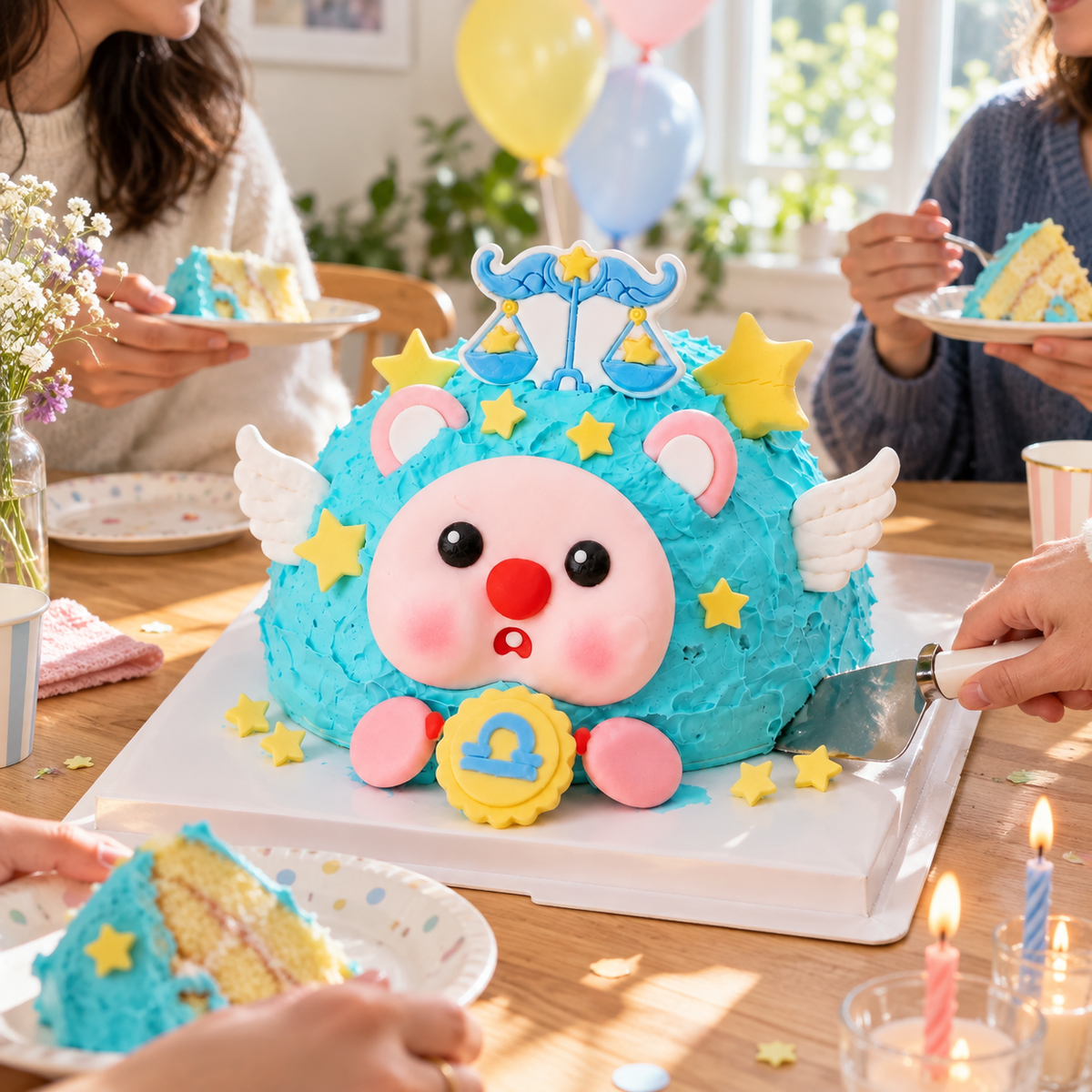 libra birthday cake character on a soft blush background