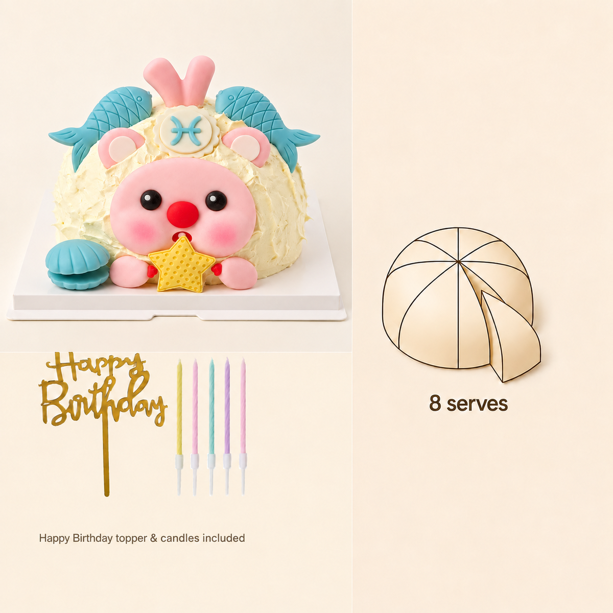 Pisces birthday cake size, serving and included accessories guide