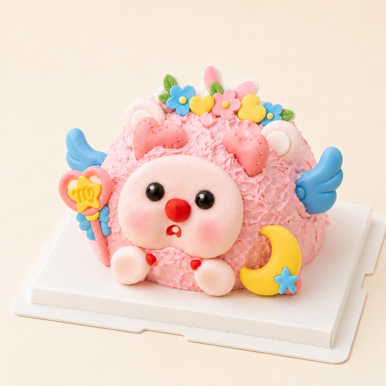 Virgo birthday cake character on a soft blush background